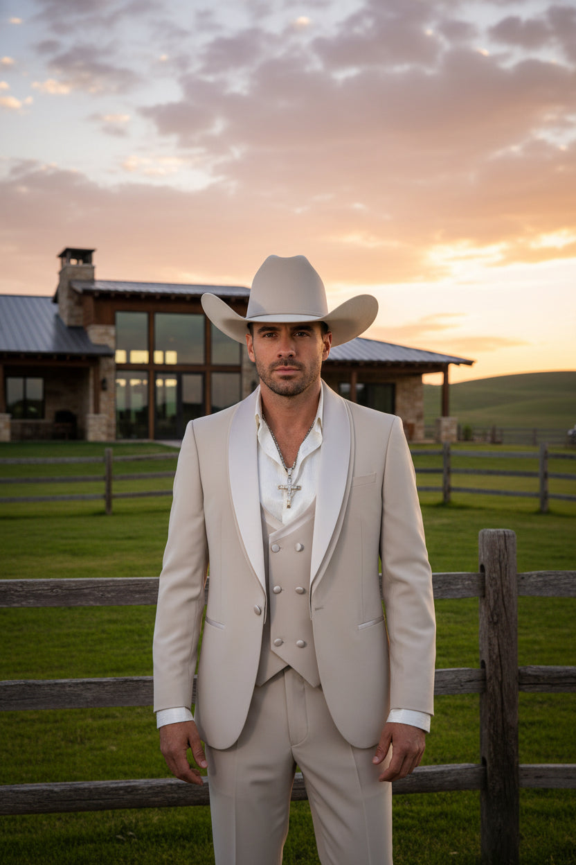 Traje de lujo color champán de 3 piezas | Diseño cruzado y solapas de doble capa