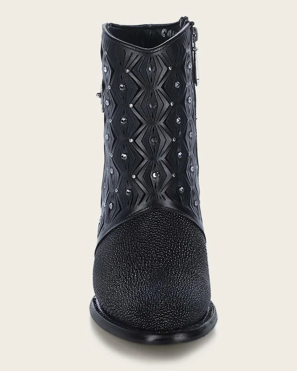 Ankle perforated black exotic bootie