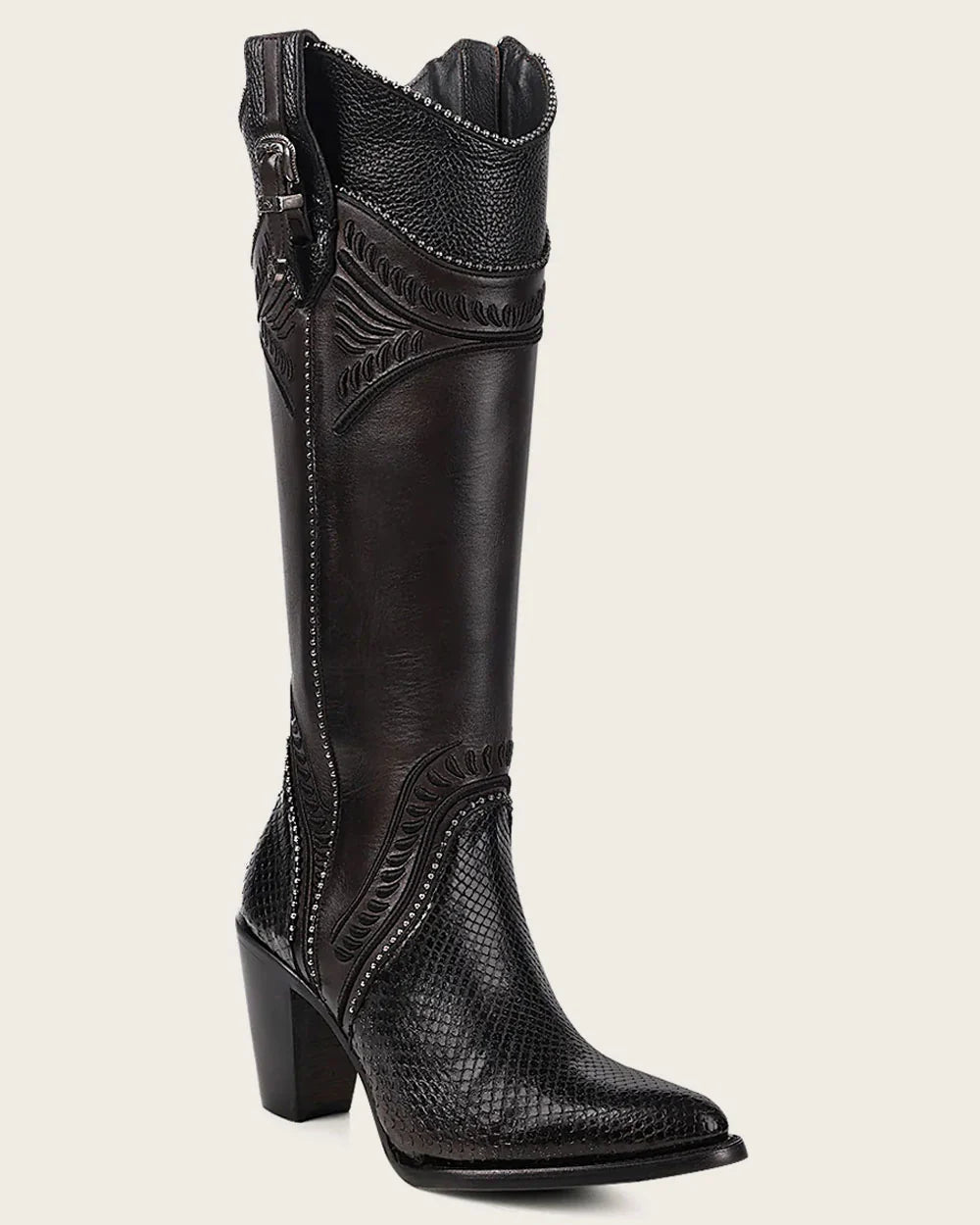 Cuadra Black Python Knee High Boots for Women