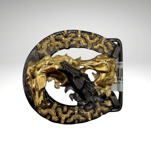 Horseshoe Belt Buckle with 3D Triple Horse