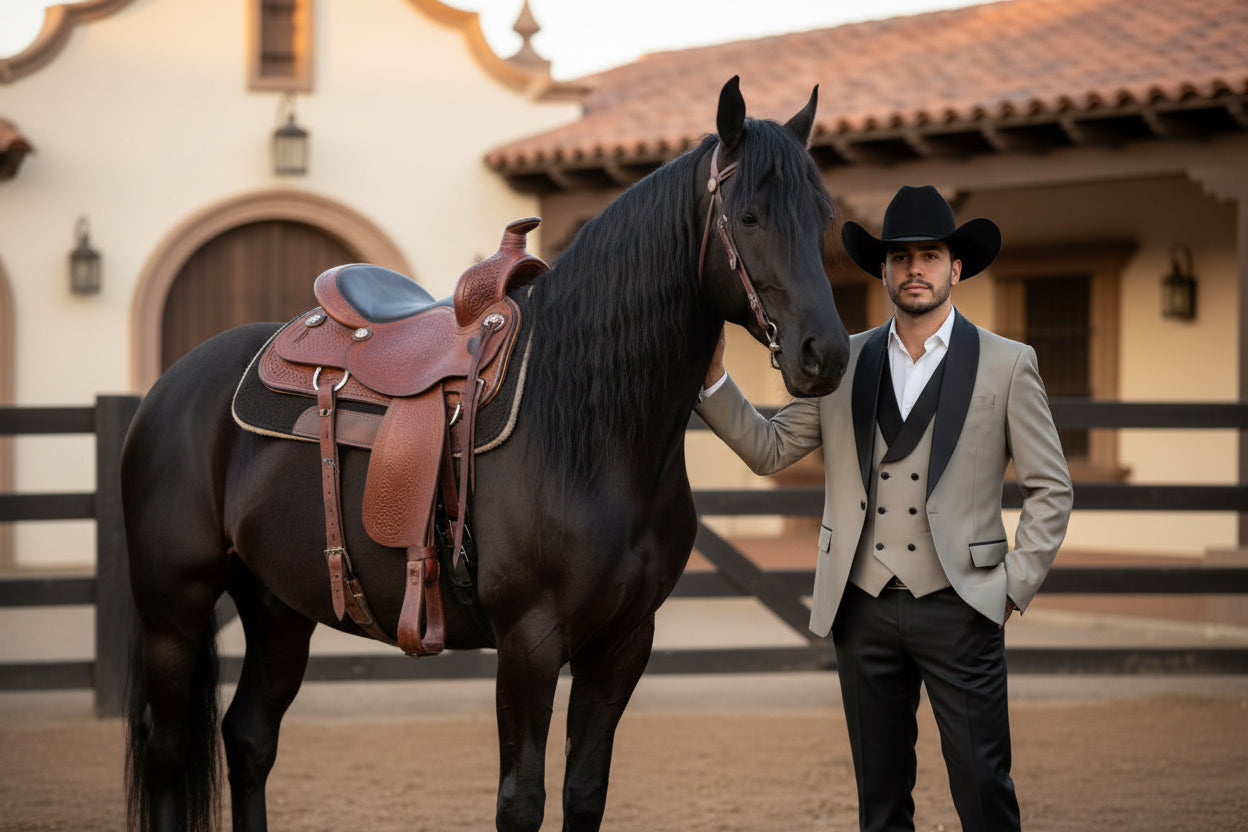 Traje de tres piezas de lana de lujo en color topo-bronce con solapas de satén