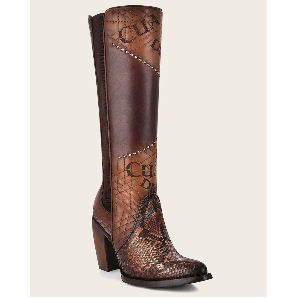 Tall engraved brown exotic boot