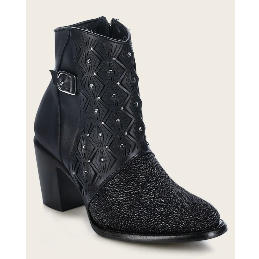 Ankle perforated black exotic bootie