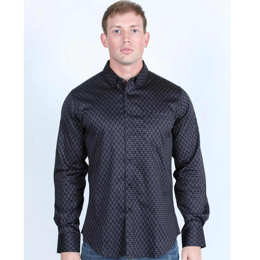 Mens Satin Cotton/Spandex Modern Fit Long Sleeve Shirt - Black