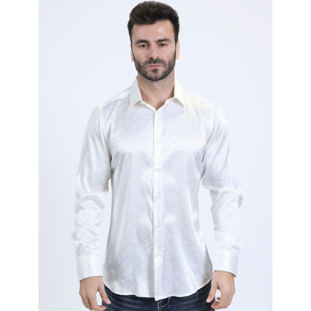 Mens Jacquard Fabric Print Modern Fit Long Sleeve White Shirt