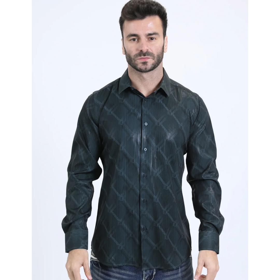 Mens Modern Fit Stretch Fashion Olive Shirt (FPL10737)
