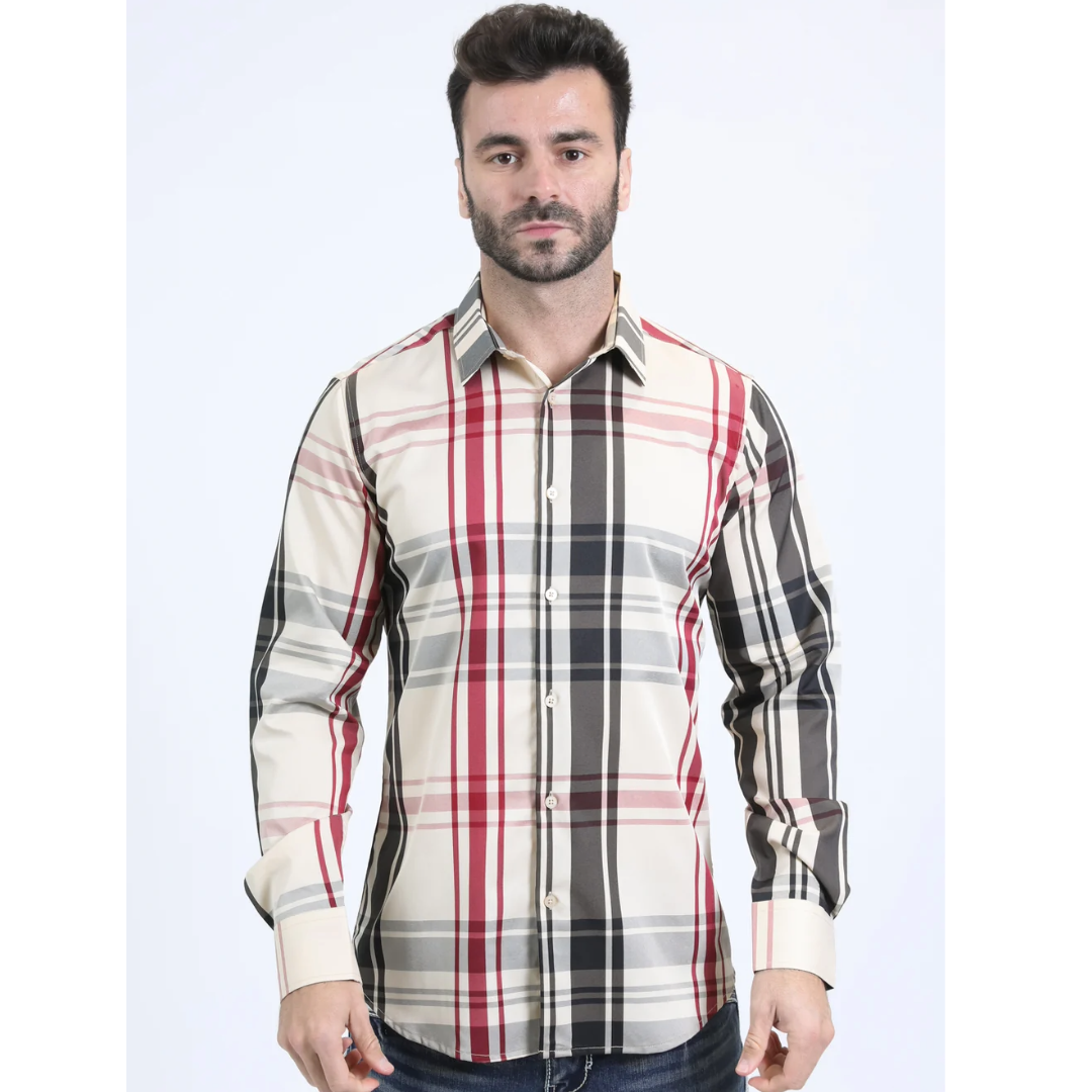 Mens Checkered Long Sleeve Beige Shirt (CHL10839)