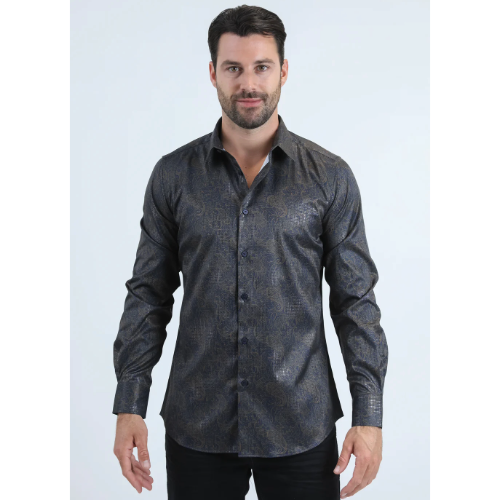 Men's Modern Fit Stretch Fashion Navy/Gold Shirt