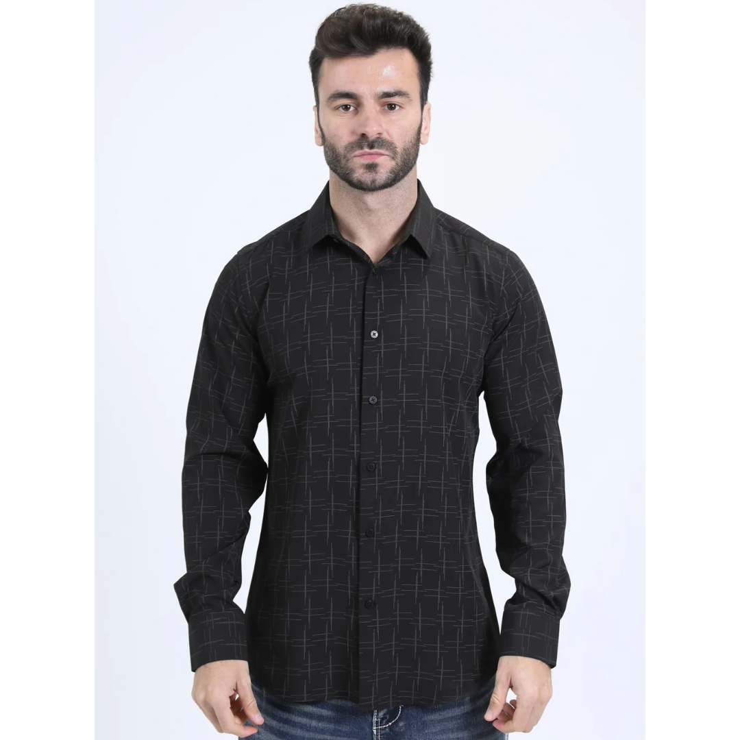 Mens Modern Fit Stretch Fashion Black Shirt (FPL10729)