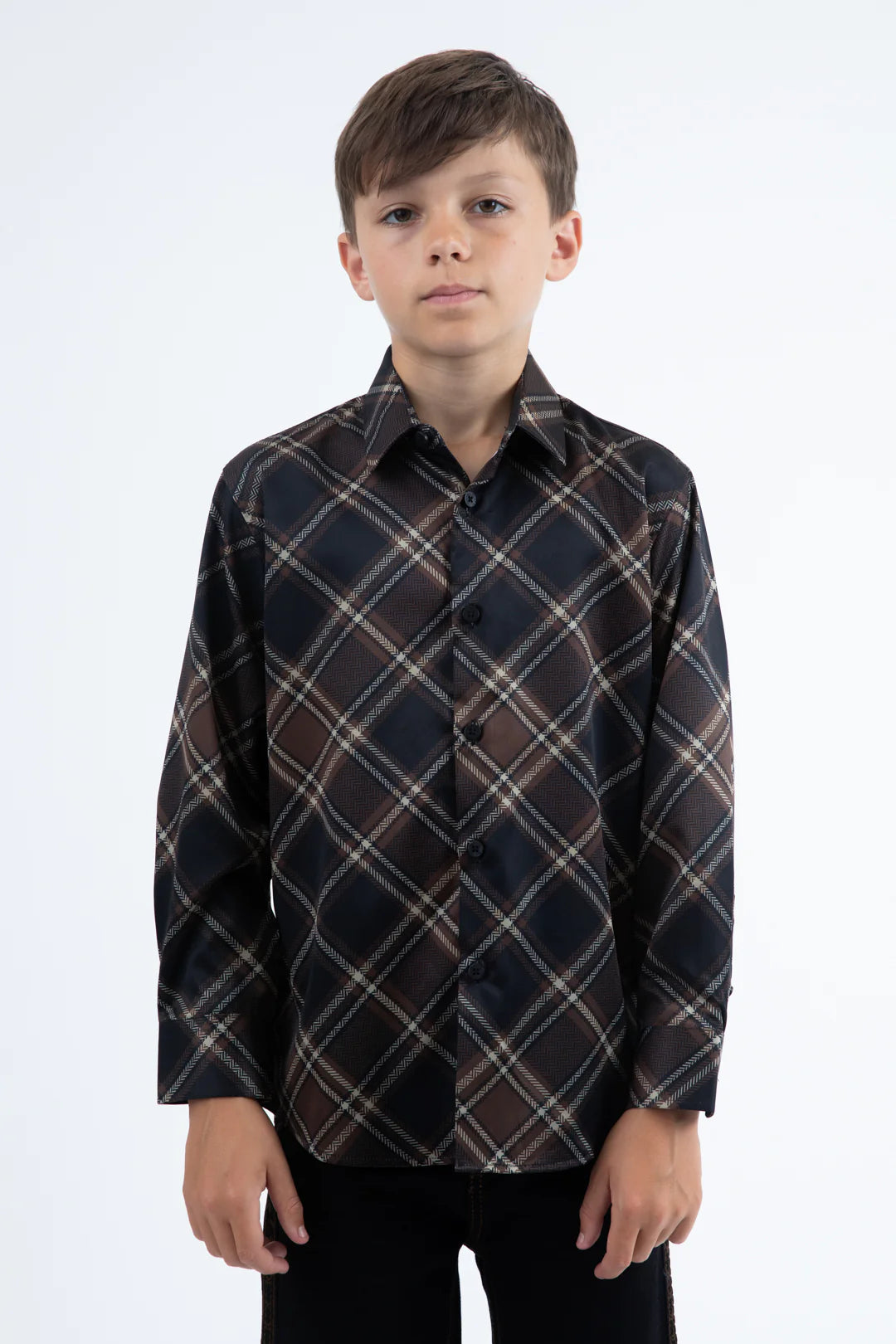 Kid's Checkered Long Sleeve Black Shirt