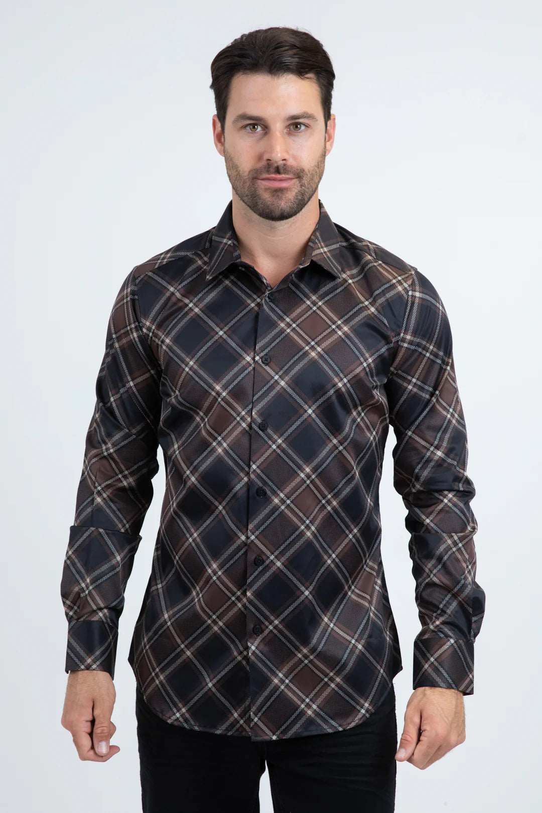 Mens Checkered Long Sleeve Black Shirt