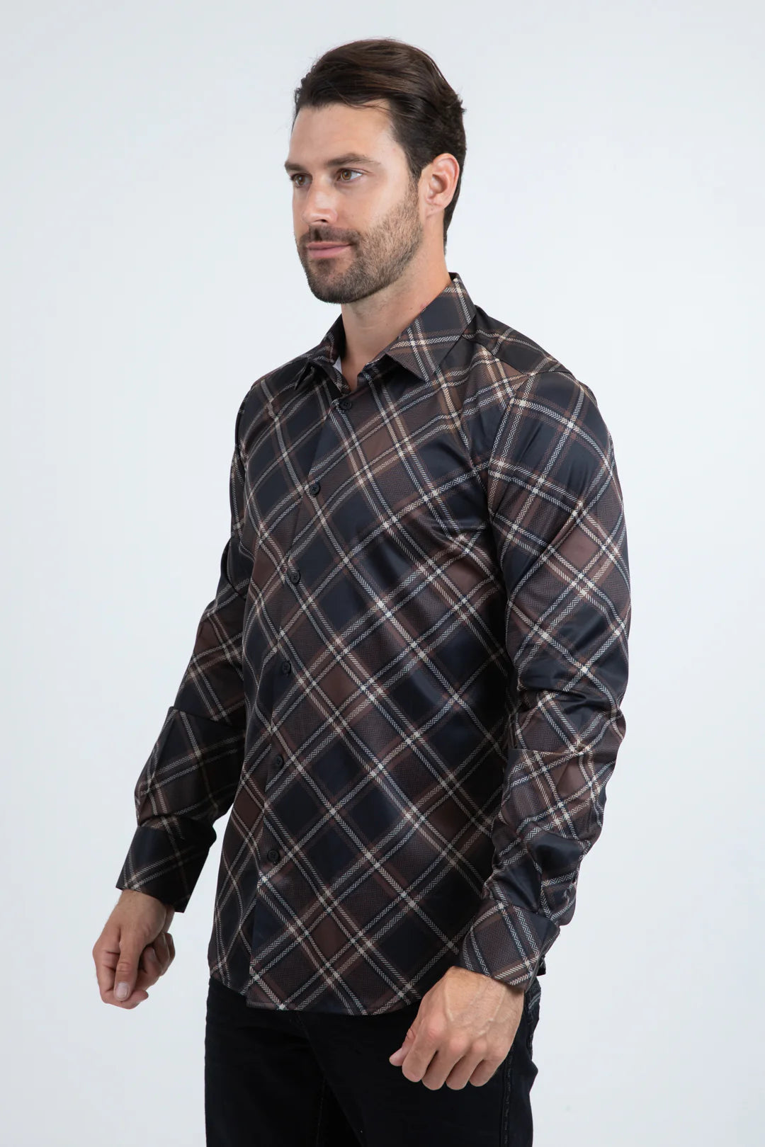 Mens Checkered Long Sleeve Black Shirt