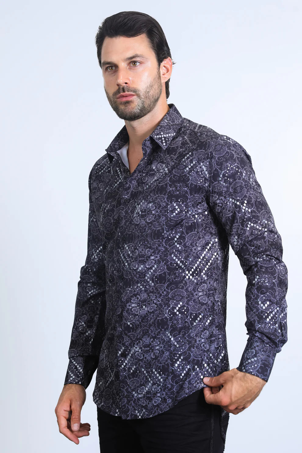 Mens Modern Fit Stretch Fashion Black Shirt