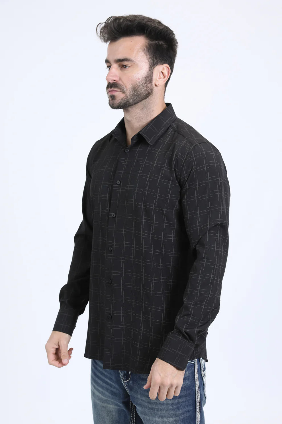Mens Modern Fit Stretch Fashion Black Shirt (FPL10729)