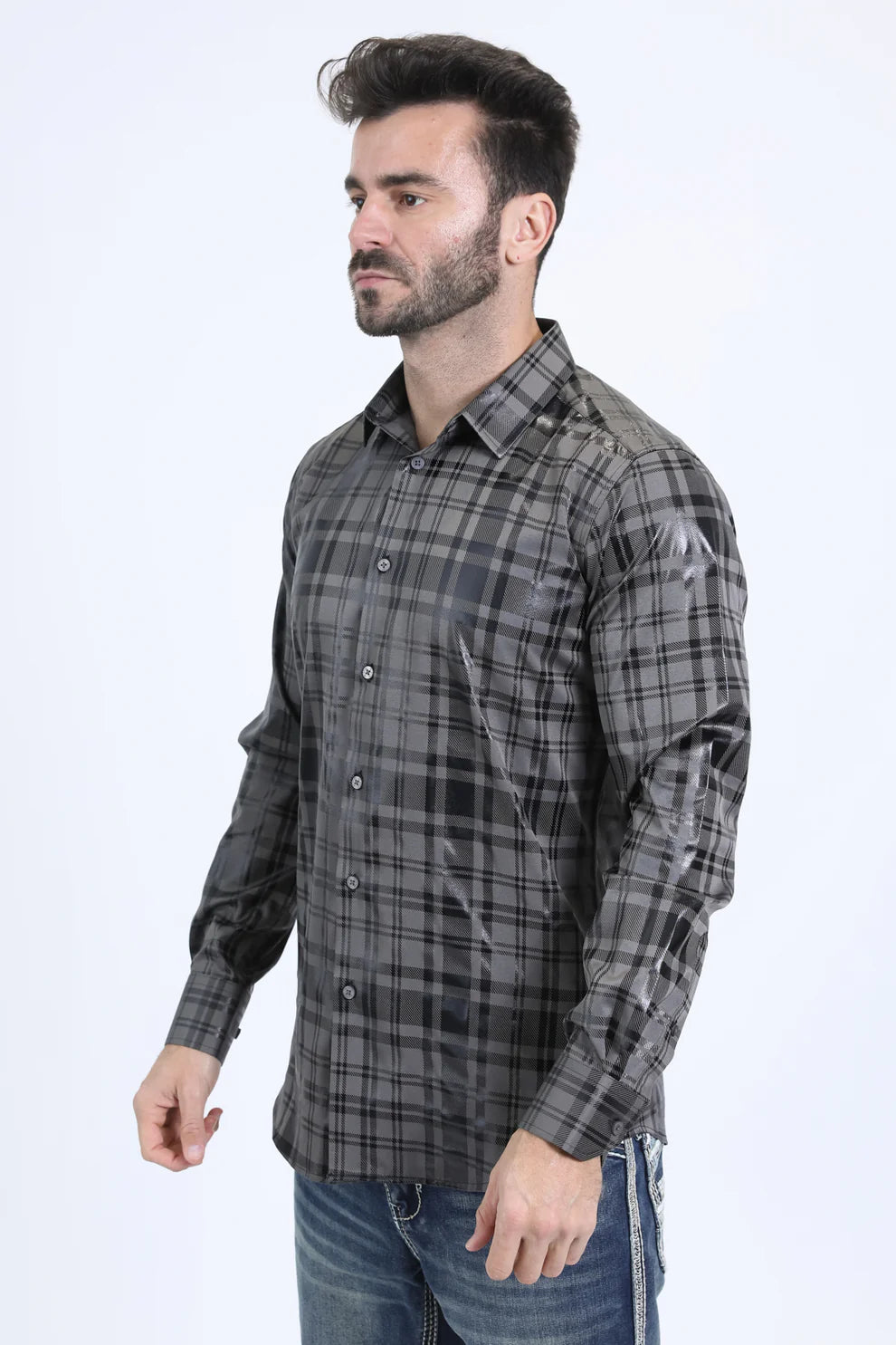 Mens Modern Fit Stretch Fashion Grey Shirt (FLP10709)