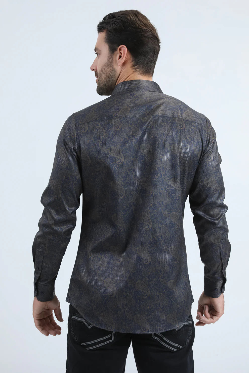 Men's Modern Fit Stretch Fashion Navy/Gold Shirt