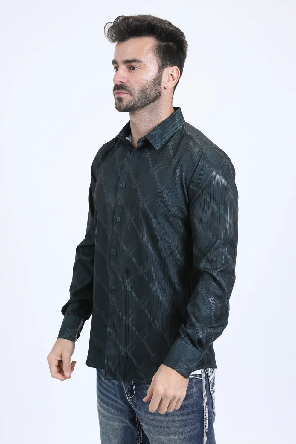 Mens Modern Fit Stretch Fashion Olive Shirt (FPL10737)