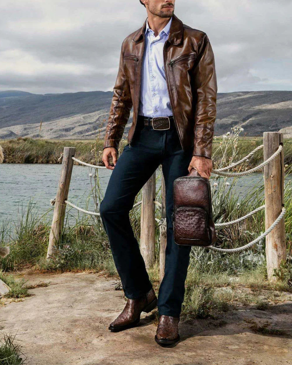 Handcrafted Dark Brown Ostrich Leather Western Boots for Men