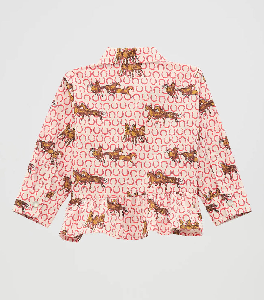 LITTLE GIRL'S HORSE RUFFLE HEM WESTERN SNAP SHIRT
