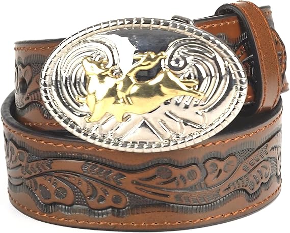 Boys Bull Rider Floral Leather Western Belt Buckle