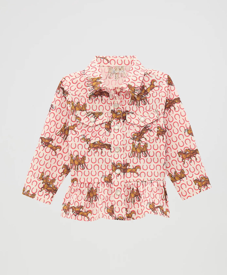 LITTLE GIRL'S HORSE RUFFLE HEM WESTERN SNAP SHIRT