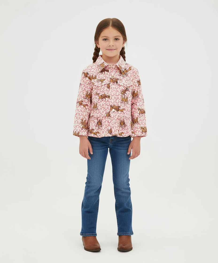 LITTLE GIRL'S HORSE RUFFLE HEM WESTERN SNAP SHIRT