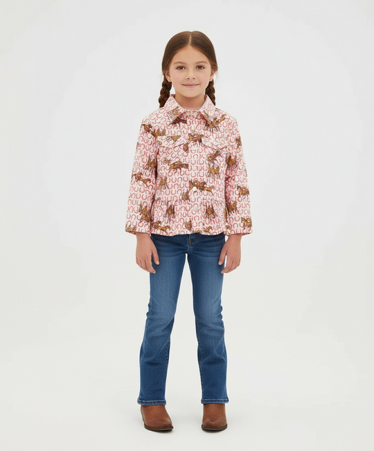 LITTLE GIRL'S HORSE RUFFLE HEM WESTERN SNAP SHIRT