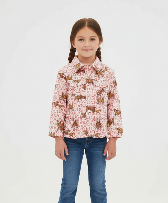 LITTLE GIRL'S HORSE RUFFLE HEM WESTERN SNAP SHIRT
