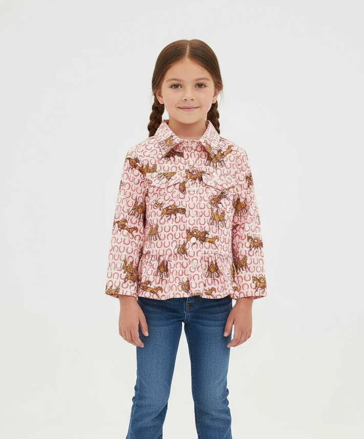 LITTLE GIRL'S HORSE RUFFLE HEM WESTERN SNAP SHIRT