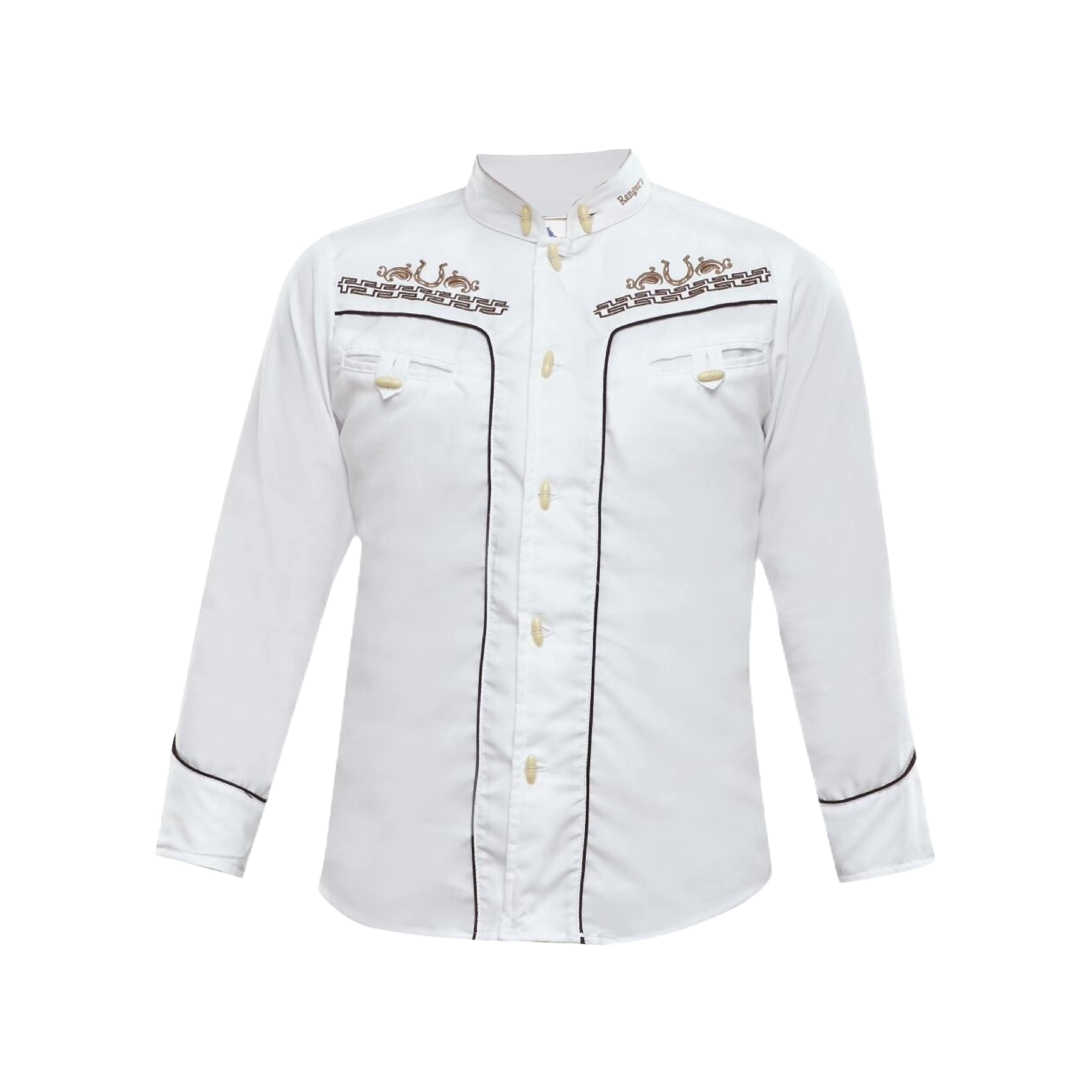 Charro Shirt (Bone Button with Black & Brown Embroidery on White)