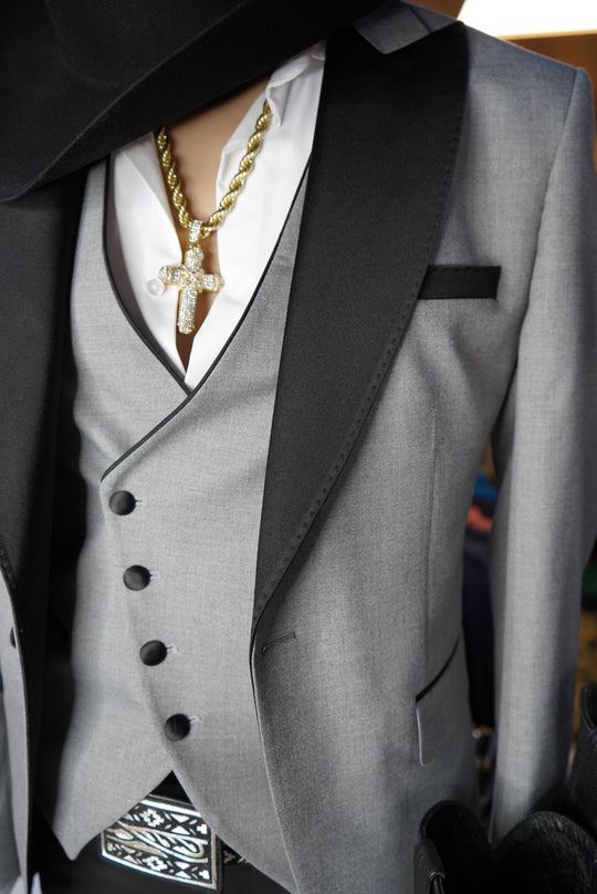"Prestige Men’s 3-Piece Suit Set – Grey & Black Luxe Edition"