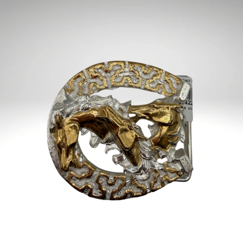 Horseshoe Belt Buckle with 3D Triple Horse