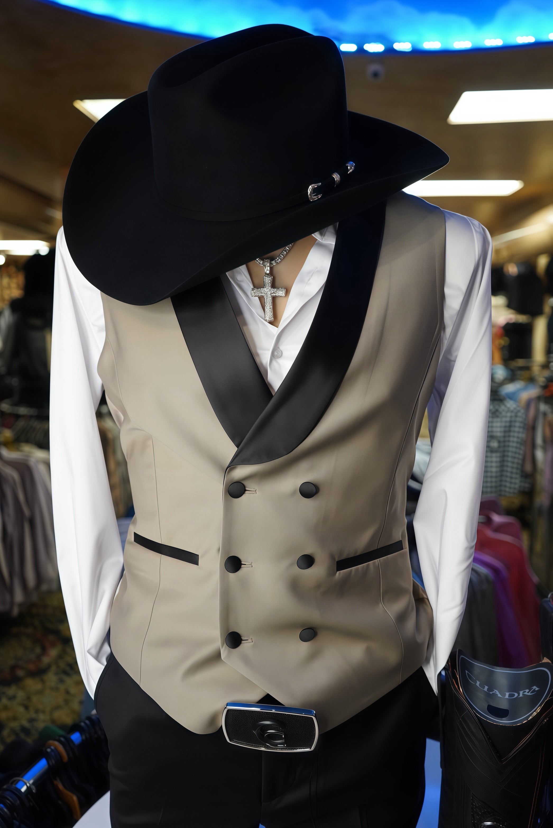 Traje de tres piezas de lana de lujo en color topo-bronce con solapas de satén