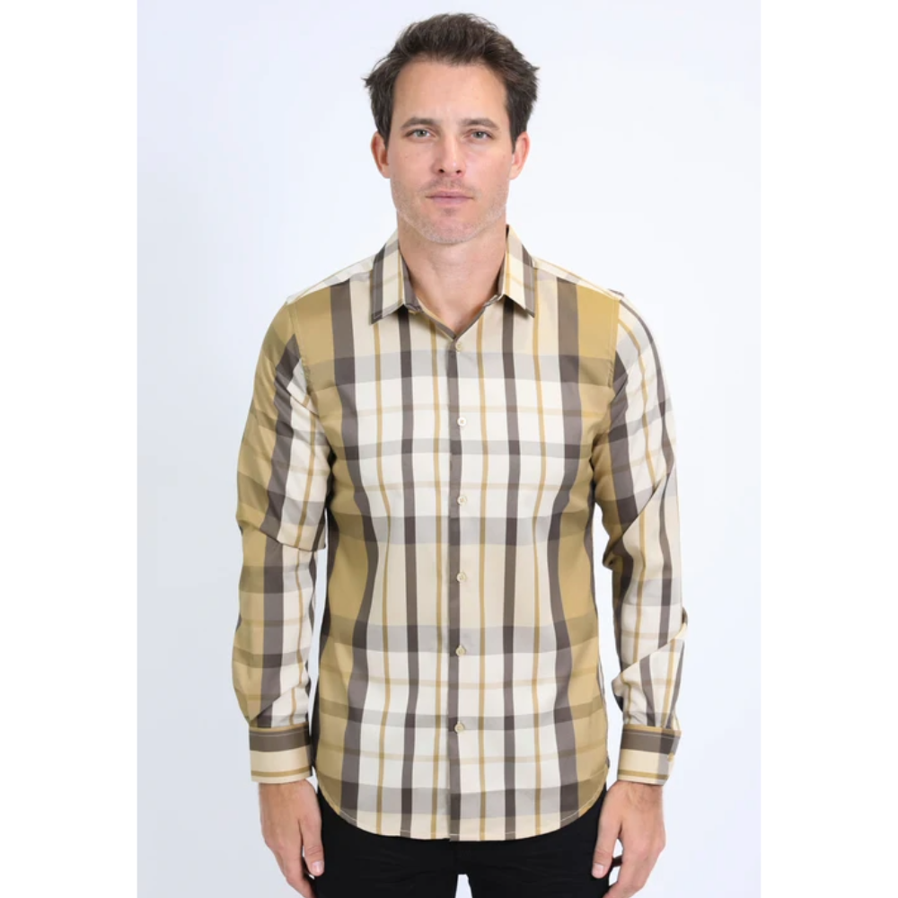 Mens Checkered Long Sleeve Beige Shirt