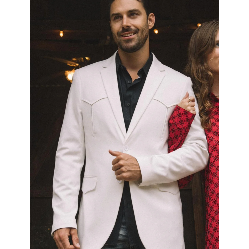 Men's Double Button Western White Blazer