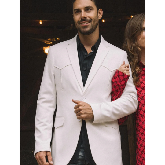Men's Double Button Western White Blazer