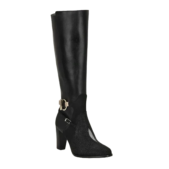 Cuadra Ladies Tall Stingray Leather Black Heeled Boots FC754