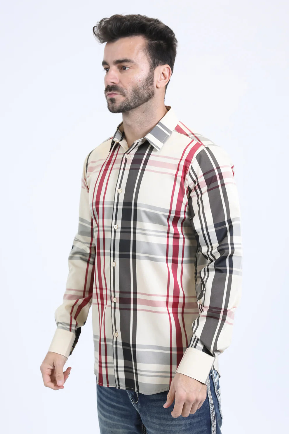 Mens Checkered Long Sleeve Beige Shirt (CHL10839)