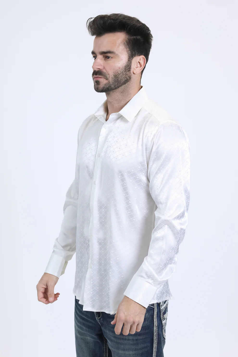 Mens Jacquard Fabric Print Modern Fit Long Sleeve White Shirt