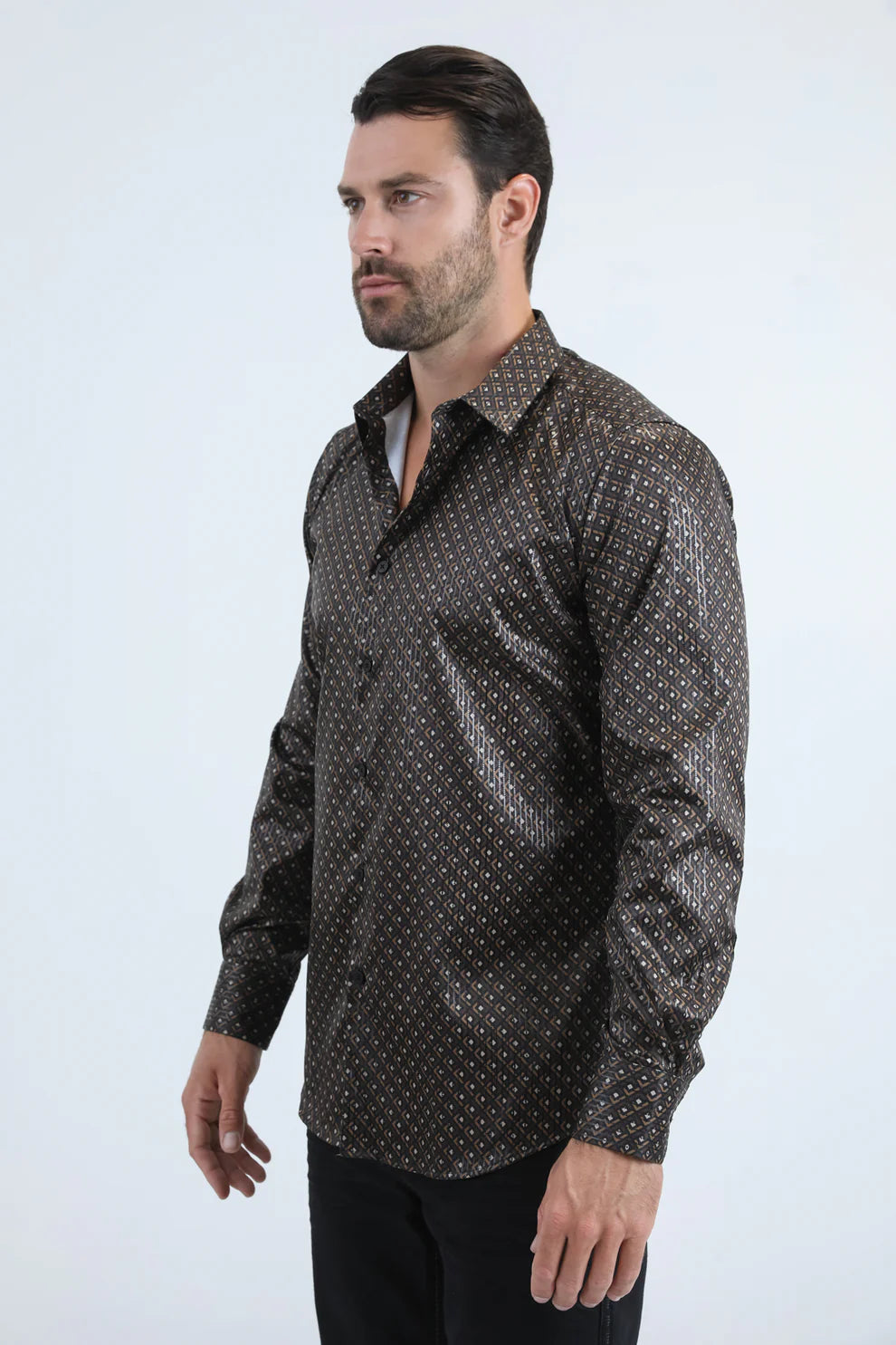 Men's Modern Fit Fashion Black and Brown Shirt