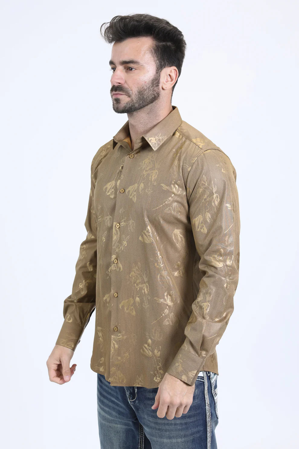 Mens Modern Fit Stretch Fashion Gold Shirt (FPL10732)