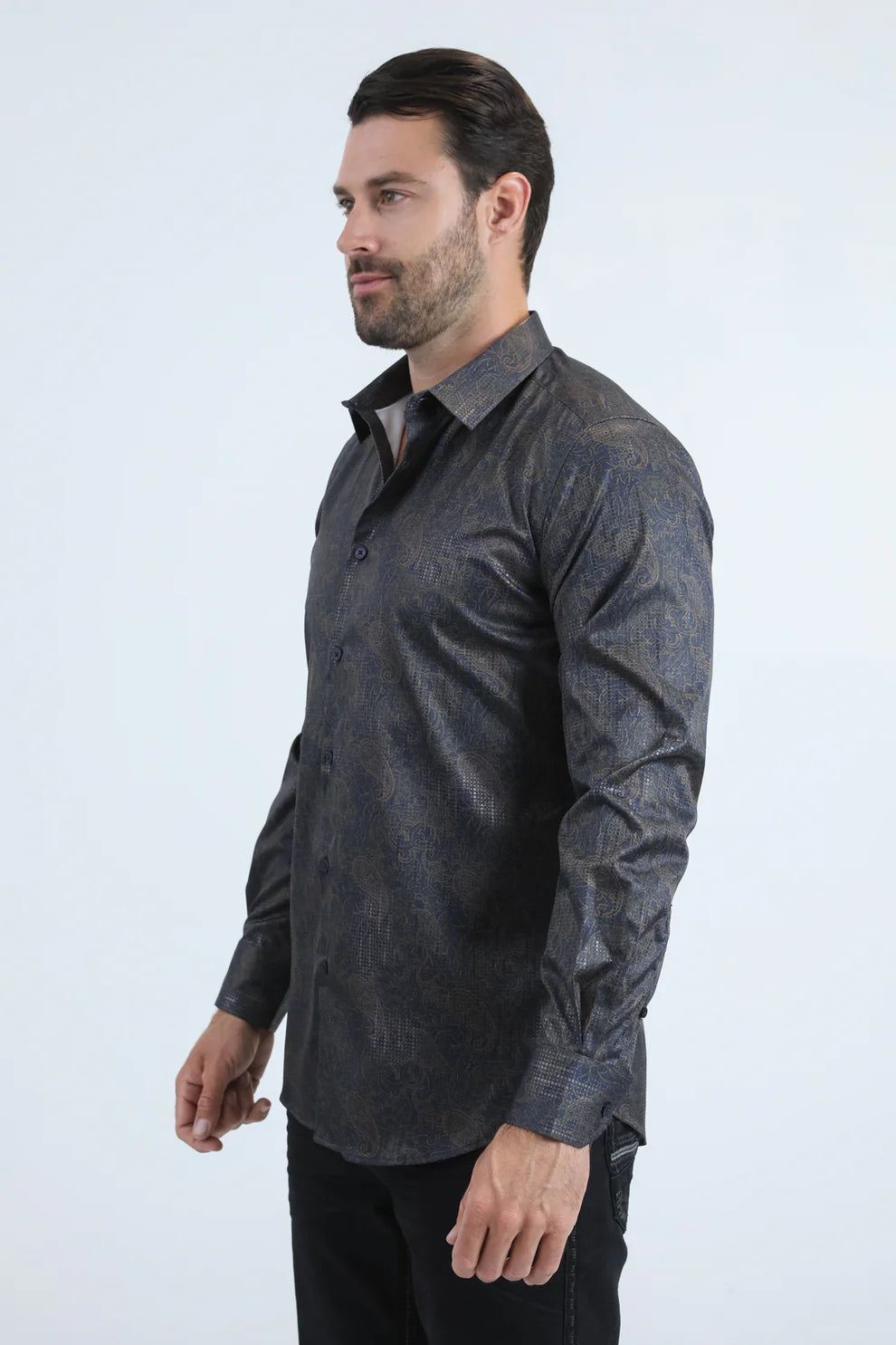 Men's Modern Fit Stretch Fashion Navy/Gold Shirt